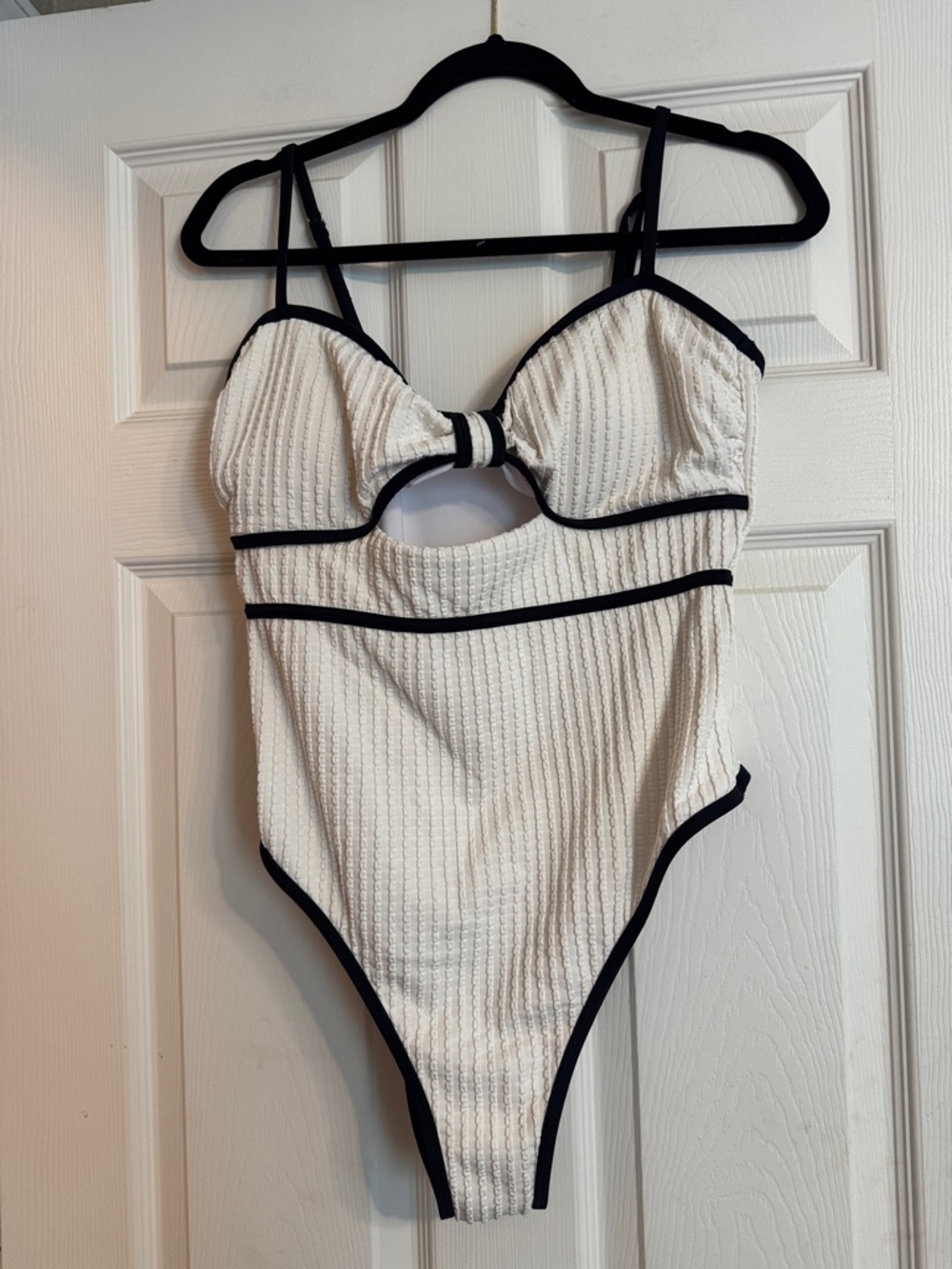 White Textured One-Piece Swimsuit with Black Trim